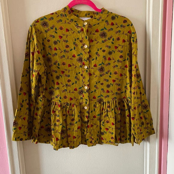 Tops - Chartreuse/Olive Flower Print Button Down Blouse with Ruffles